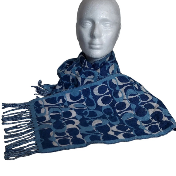 Coach Blues Monogram 100% Merino Wool Oversized‎ Scarf Muffler with fringe - Picture 10 of 15